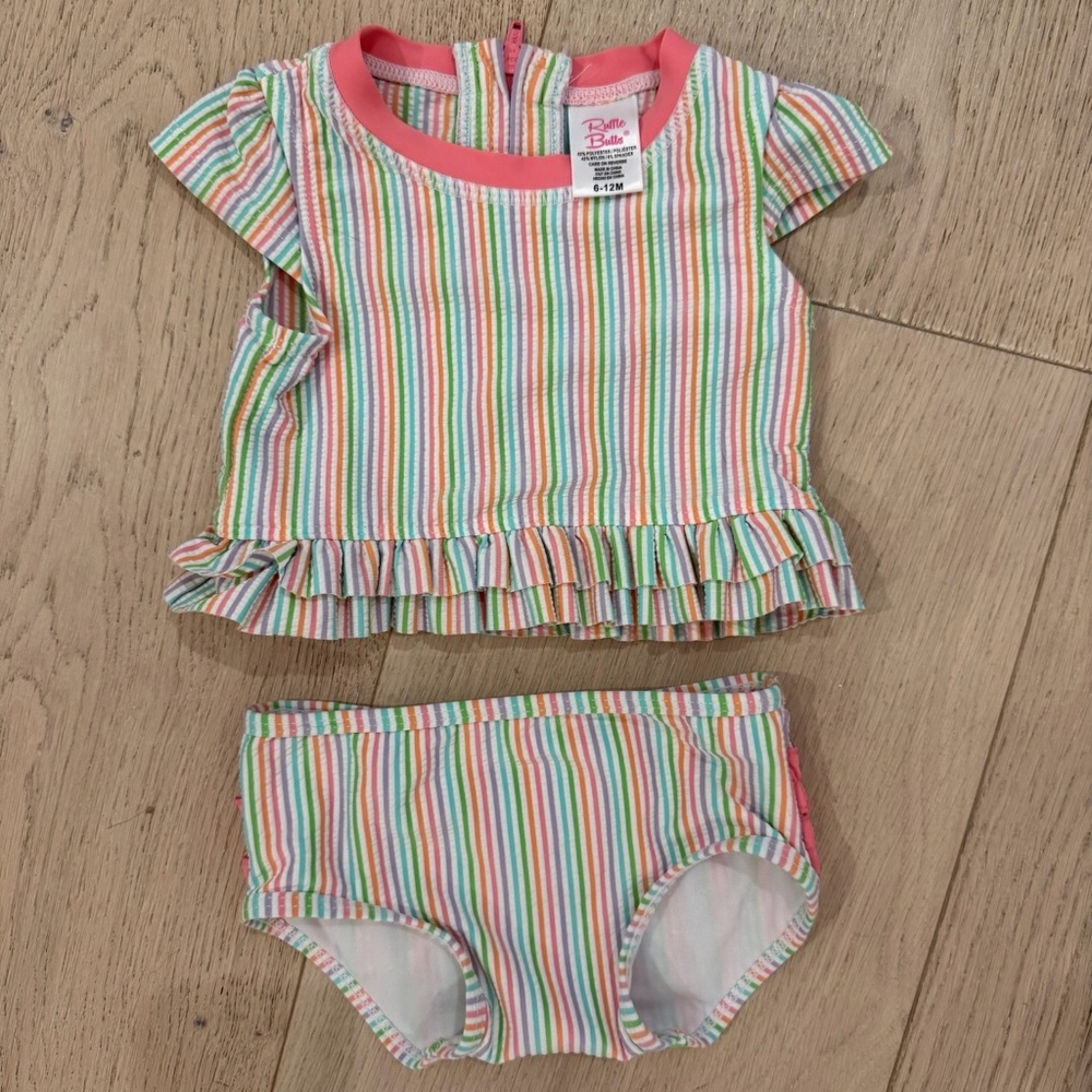 Ruffle Butts Baby 6-12 Month Swimsuit Colorful Rainbow Seersucker Stripes
